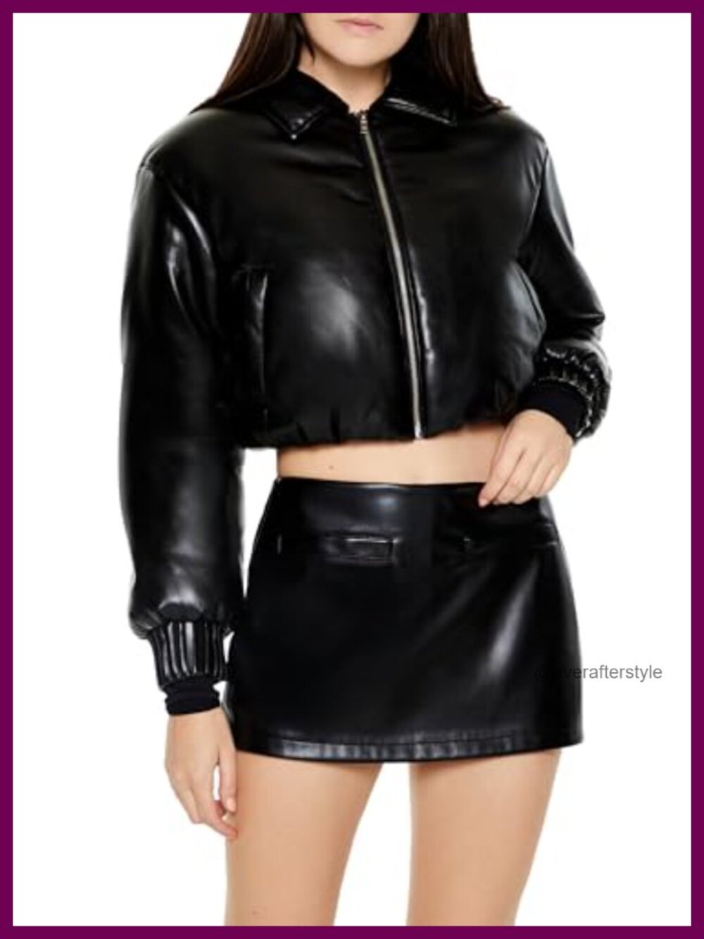 Faux Leather Cropped Bomber Jacket Zip-Up Long Sleeve Women's Coat
